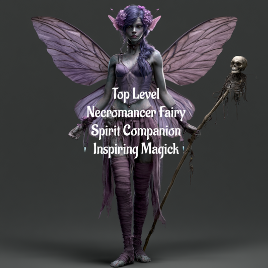 A digital illustration of a neromancer fairy with large purple wings, a purple dress, and a staff topped with a skull, set against a dark gray background with white text overlay.
